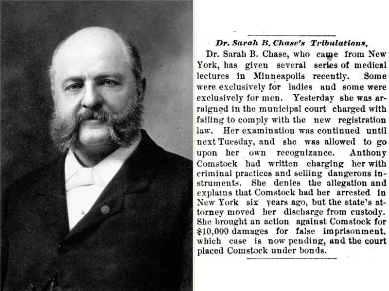 Энтони Комсток (слева) организовал спецоперацию, чтобы поймать Сару Чейз при продаже противозачаточных средств. Законы, носившие его имя, сделали это преступным деянием