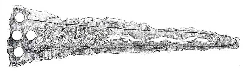 Иллюстрация лезвия кинжала из Микен XIX века, на которой один лев противостоит четырем людям, а два других льва убегают