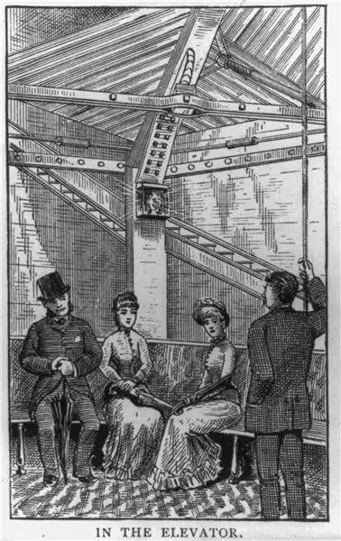 На гравюре 1887 года изображены люди в лифте монумента Вашингтона