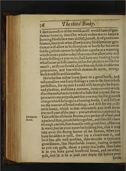Рецепт обычного конского хлеба в разделе Ordinarie Bread в Кавелрисе, томе Джерваса Маркхэма 1617 года о содержании лошадей