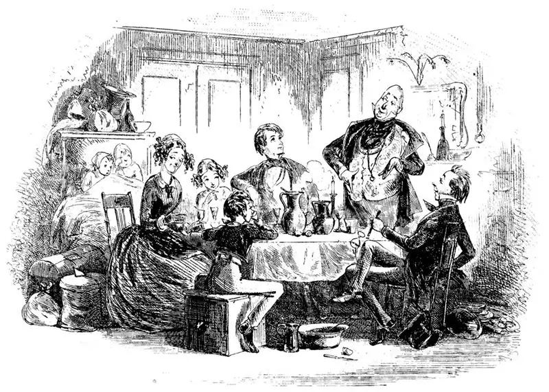 Мистер Микобер стоит над столом, на котором стоит глиняный кувшин с пуншем