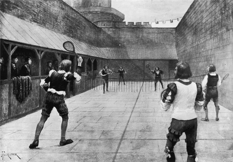 Иллюстрация игры в королевский теннис или кортовый теннис около 1500 года, во времена короля Генриха VII