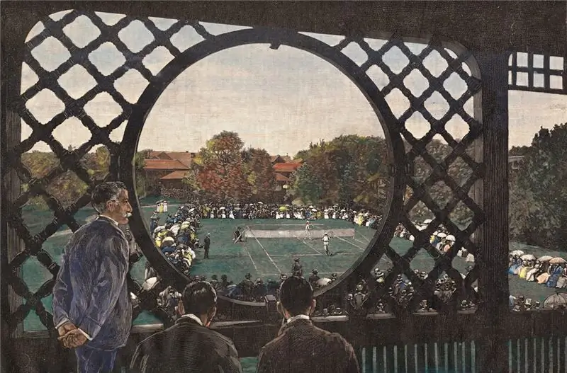 Вид на большой теннис в Ньюпорте, штат Род-Айленд, в 1885 году с верхнего балкона казино