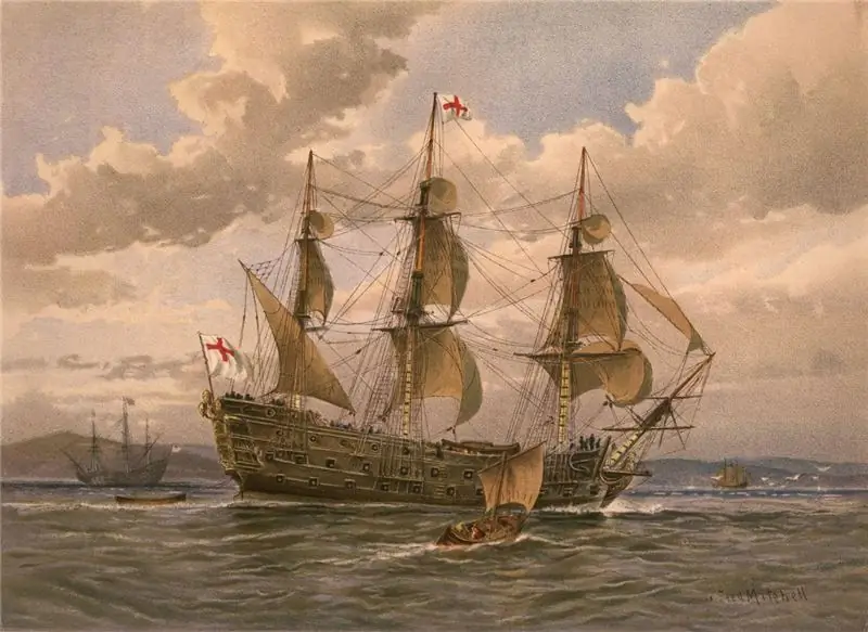 Британский линкор середины XVII века. Оригинальное произведение искусства: литография по картине У. Фреда Митчелла из «Военно-морского флота Ее Величества» Луиета Лоу