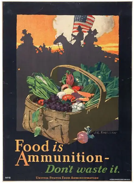 На плакатах Управления по контролю за продуктами питания США к еде относились как к ценному военному ресурсу