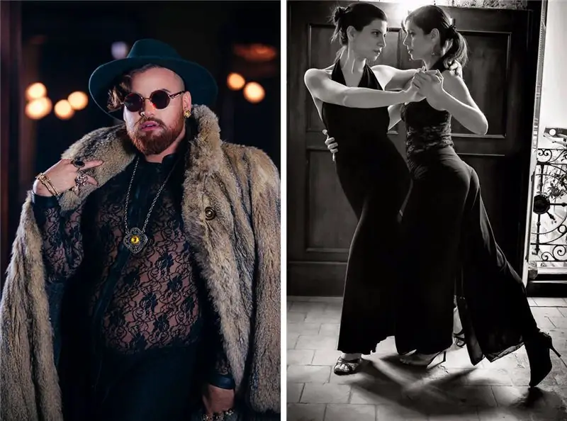 Слева певица танго Фифи Реал. Справа два танцора участвуют в Международном фестивале квир-танго