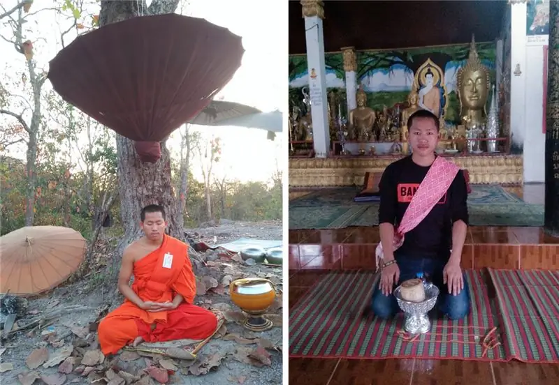 Слева Санти СулиФон сидит под деревом в Луангпрабанге, будучи новичком. Справа он стоит на коленях как мирянин