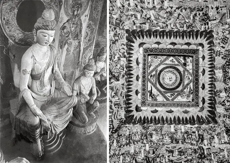 Бодхисаттвы. Пещера Могао 328, западная стена, внутренняя ниша, северная сторона. Ранний Тан (618-704). Ло Архивная фотография, 1943-44. Принстонский университет (Lo328-6-1b) (слева); Пещера Могао 420, кессонный потолок. Династия Суй (581-618). Ло Архивная фотография, 1943-44. Принстонский университет (Lo420-16) (справа)