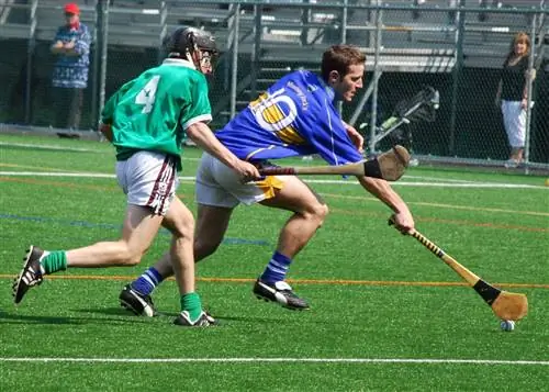 Игрок в синем и золотом бросается в слиотар перед игроком в зеленой рубашке в яркий солнечный день в Ирландии.