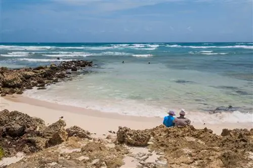 Два человека сидят на небольших скалах у пляжа Коув Бэй и смотрят на чистую воду.