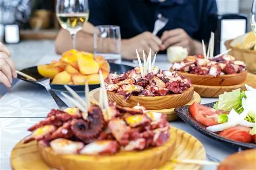 Люди едят Pulpo a la Gallega с картофелем. Галисийские блюда из осьминогов. Известные блюда из Галисии, Испания. Люди едят Pulpo a la Gallega с картофелем. Галисийские блюда из осьминогов. Известные блюда из Галисии, Испания.