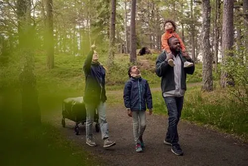 Женщина указывает на небо во время прогулки по лесу со своей семьей.