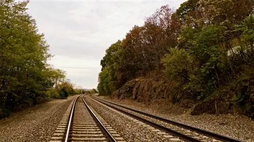 Снимок железнодорожных путей в серый облачный день с деревьями по обе стороны от путей в Биконе, Гудзон-Вэлли, Нью-Йорк, США.