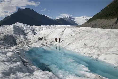 Два человека идут пешком по леднику возле бледно-голубого озера в национальном парке