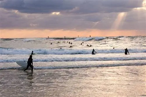 Силуэт серферов на закате в Средиземном море, Тель-Авив.