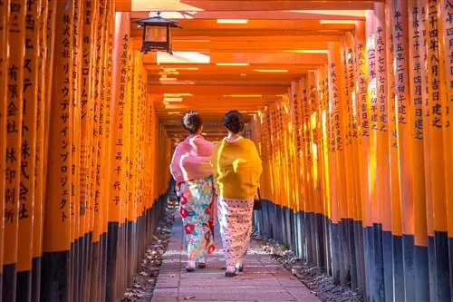 Две женщины в традиционной японской одежде проходят через ворота тории в храме Фусими Инари.