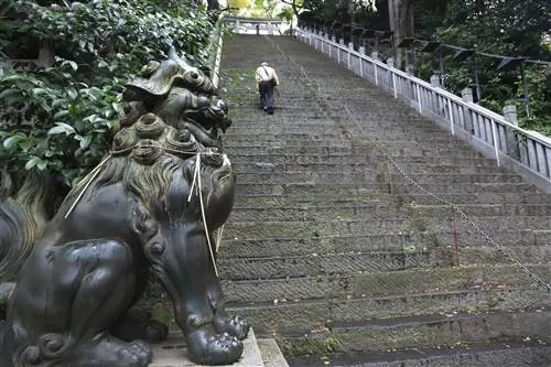 Мужчина поднимается по длинной бетонной лестнице, ведущей вверх к святилищу Атаго недалеко от Киото.
