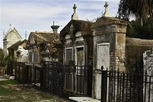 Ряд обветшавших мавзолеев, разделенных ржавыми воротами на кладбище Сент-Луис; нас места с привидениями