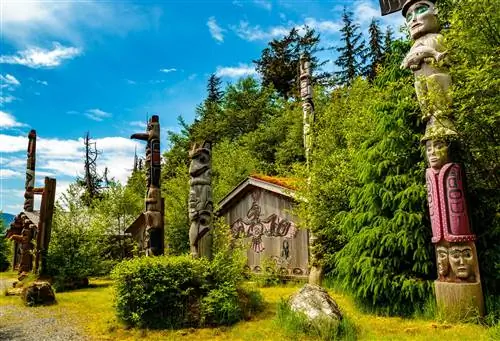 Тотемы коренных жителей Аляски в Государственном историческом месте Тотем-Байт в Кетчикане