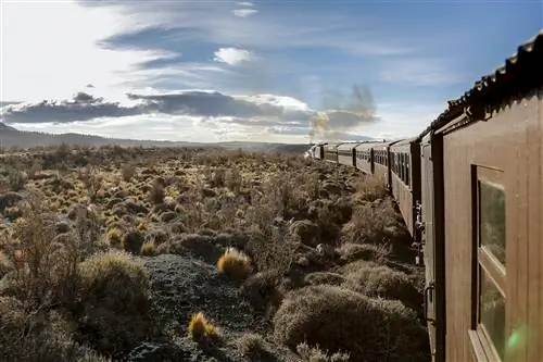 Сельская местность Патагонии, вид с паровоза Old Patagonian Express, который изгибается влево, скручиваясь в сторону кустарников, кустарников и больших камней.