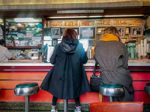 Две женщины в пальто сидят на покрытых винилом стульях за стойкой закусочной в Нью-Йорке.