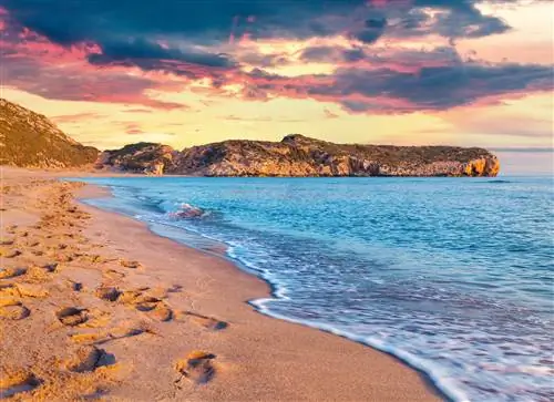 Изогнутый участок пустого пляжа на закате