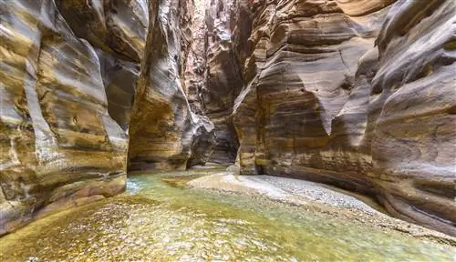 Скалистые утесы и журчащая вода в природном заповеднике Аль-Муджиб, известном как Гранд-Каньон Иордании.