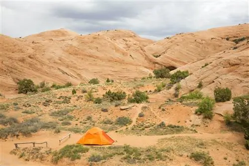 Оранжевая палатка среди красных скал недалеко от Моава, штат Юта.