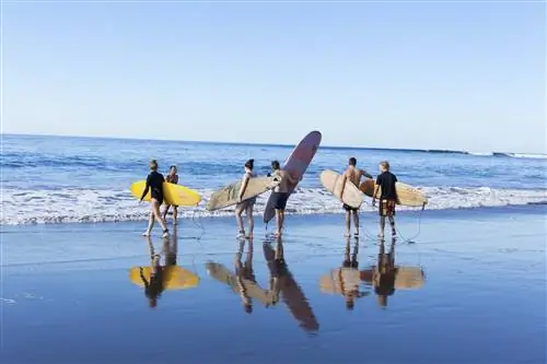 Туристический мужчина и женщина несут доску для серфинга и идут в море после окончания урока серфинга в Плайя-Эль-Тунко, Сальвадор.