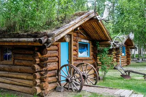 Небольшие бревенчатые домики с колесами от телег, обрамляющими двери, отмечают ухоженную территорию курорта Chena Hot Springs.