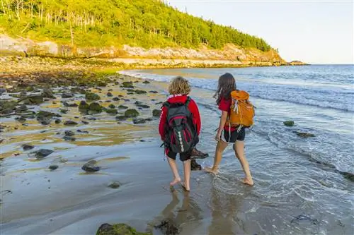 Подросток и девочка с рюкзаками ходят босиком по песчаному пляжу.