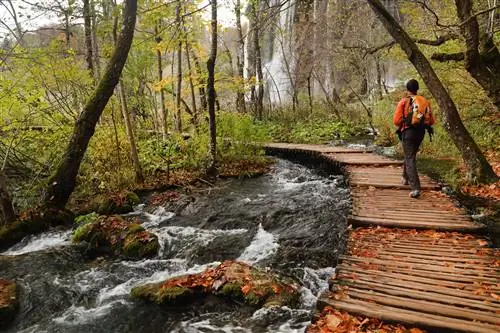 Мужчина идет по променаду над ручьем с водопадом, видимым сквозь деревья в национальном парке Плитвицкие озера.
