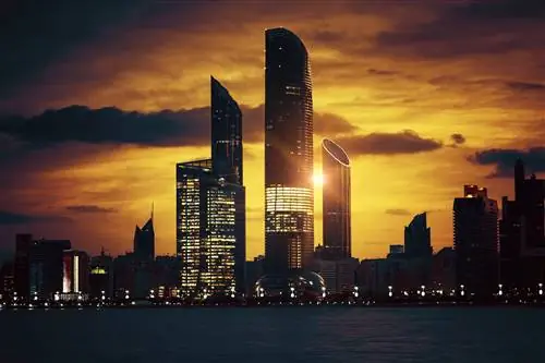 View, Of, Abu, Dhabi, Skyline, At, Sunset, United, Arab, Emirates,