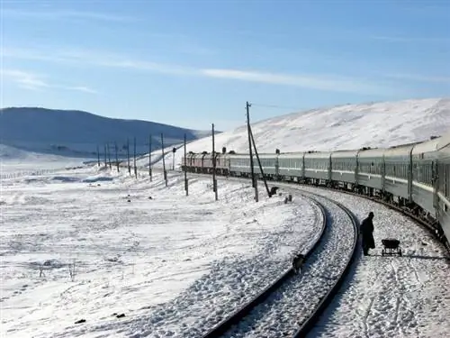 Поезд на Трансмонгольской линии в снежный день
