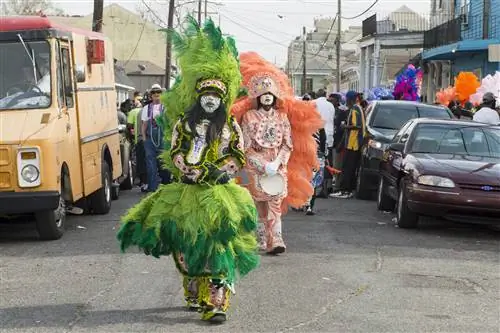 Два члена индейской группы Golden Eagles Mardi Gras в искусно расшитых бисером костюмах идут по городской улице.