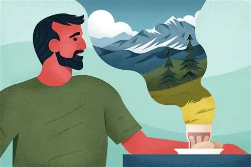 Иллюстрация человека, сидящего за столом с едой и напитками перед ним. Пар от напитка раскрывает красивую горную сцену.