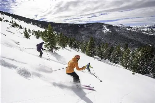 Лыжники спускаются по бассейну Blue Sky Basin в Вейле, штат Колорадо. Лыжники спускаются по бассейну Blue Sky Basin в Вейле, штат Колорадо.