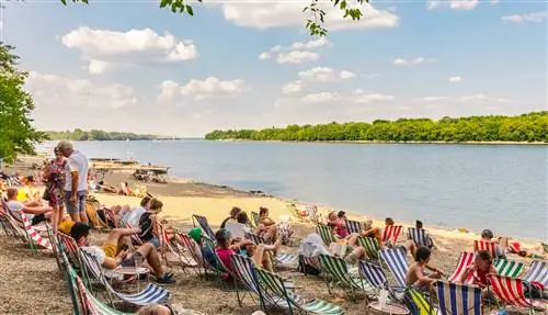 Люди отдыхают в шезлонгах на пляже у реки Дунай, Будапешт Люди отдыхают в шезлонгах на пляже у реки Дунай, Будапешт