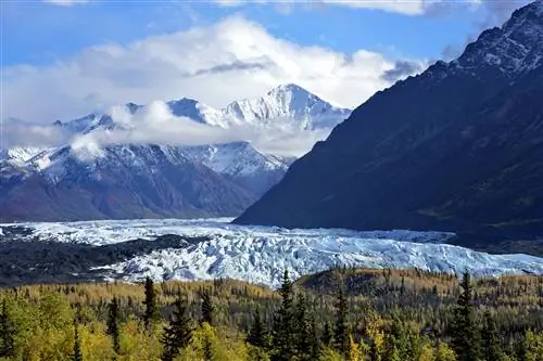 Пейзаж большого ледника в обрамлении горных вершин