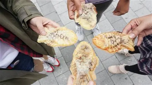 Круг из четырех друзей, держащих корейскую выпечку в форме рыбы под названием бунгоппан.