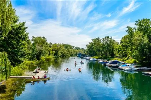 Каякеры в воде между лиственными берегами