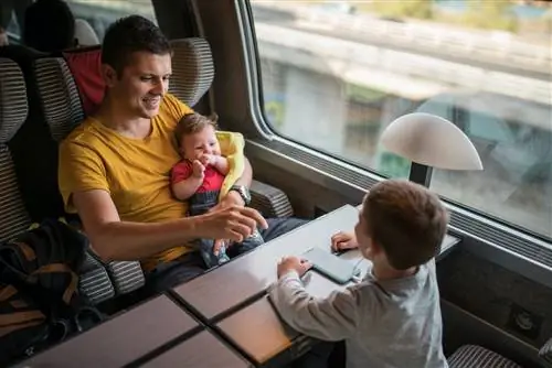 Отец и двое детей отдыхают в скоростном поезде TGV, Франция.