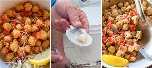Коллаж из жареных и сырых гребешков