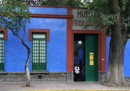 Музей Фриды Кало - голубое бетонное здание с красной планкой, зелеными окнами, зеленой дверью и деревом, охраняющим входную дверь.