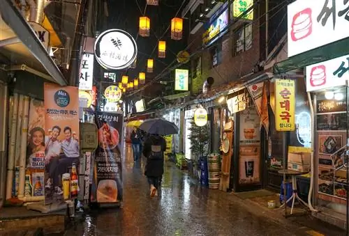 Люди ходят под зонтиками по освещенным уличным знакам дождливой ночью в Тонгин-донге, Сеул, Южная Корея.