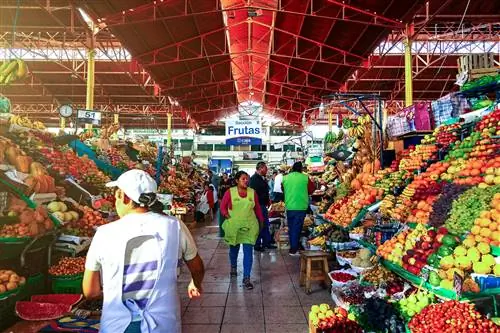 Особенности - Ежедневное изображение. Продавцы ходят от одного прилавка к другому на рынке Сан-Камило утром в Арекипе. Местные жители ежедневно посещают рынок, чтобы купить продукты, ткани или еду.