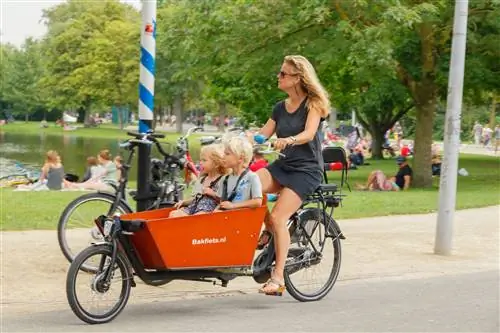 Велосипедисты на грузовом велосипеде - женщина с детьми - в Амстердаме.