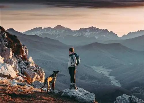 Женщина путешествует пешком и смотрит на вид на вершину горы с красивым пейзажем на рассвете