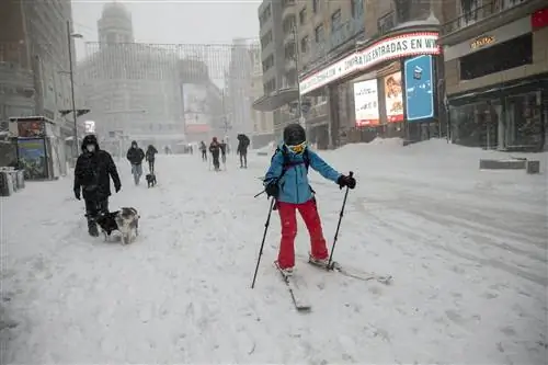 Люди передвигаются по Гран-Виа в Мадриде на лыжах