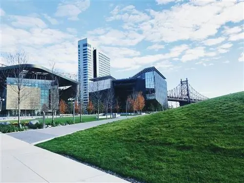cornell tech с мостом на заднем плане на острове Рузвельта в Нью-Йорке